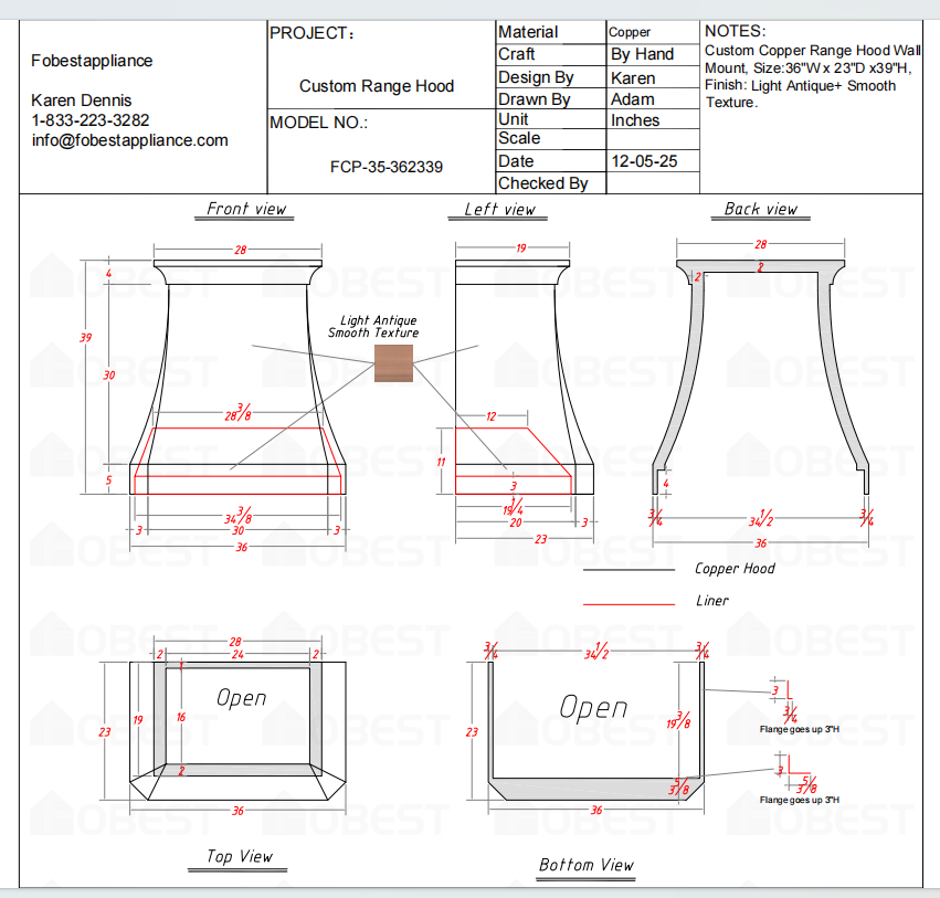 Fobest Custom Metal Copper Range Hood FCP-35 Custom Link for Karen