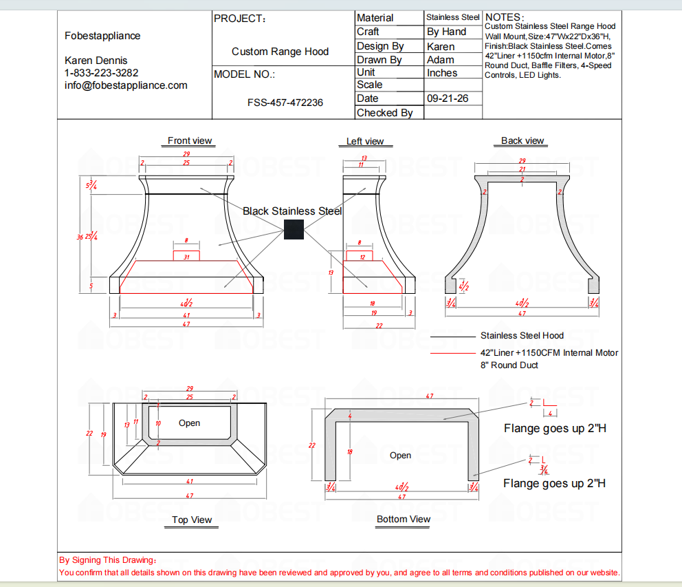 Fobest Custom Range Hood-FSS-457-Stainless Steel  Metal Range Hood Custom Link for Steve