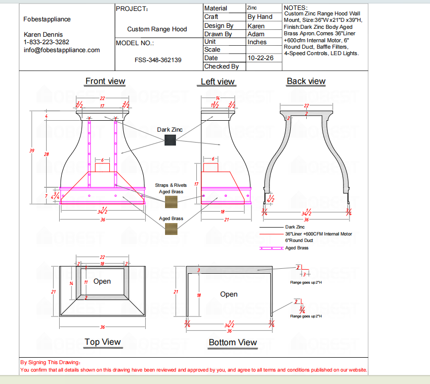 Fobest Custom Range Hood-Fobest FSS-348 Custom  Zinc Metal Range Hood Custom Link for Suzette
