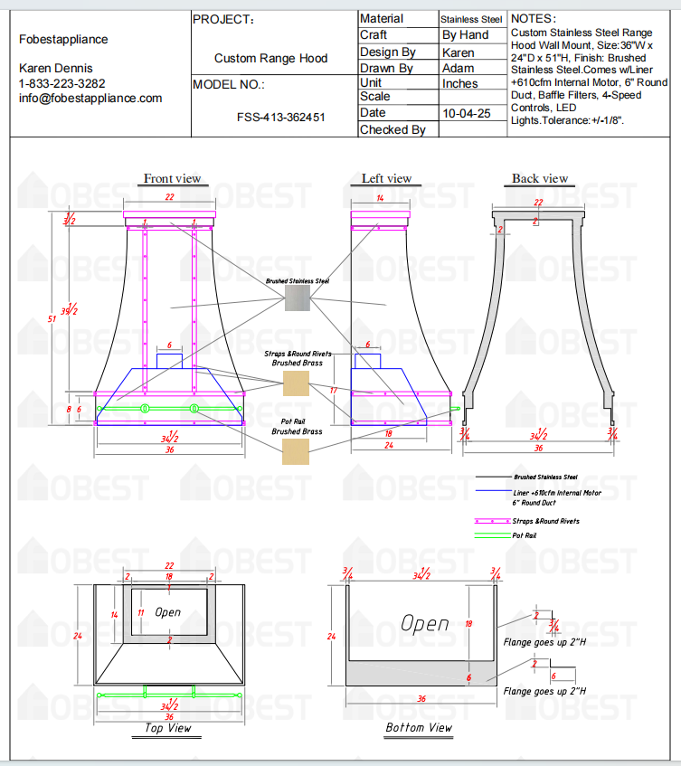 Fobest Custom Stainless Steel Range Hood FSS-413-50% Deposit Custom Link for Anas