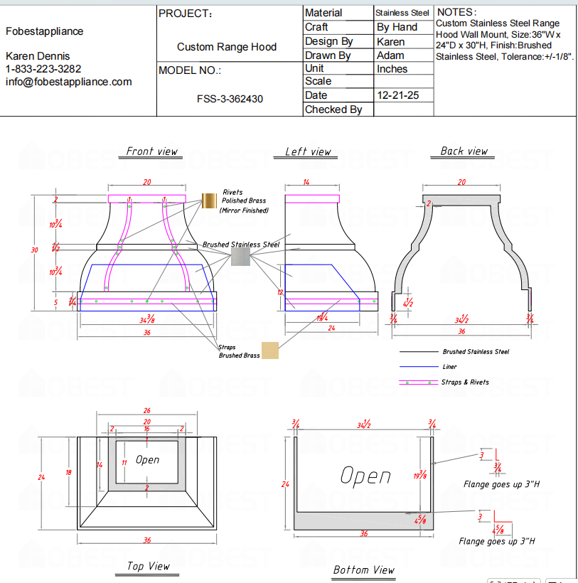 Fobest Custom Metal Range Hood FSS-3 Custom Link for Harper