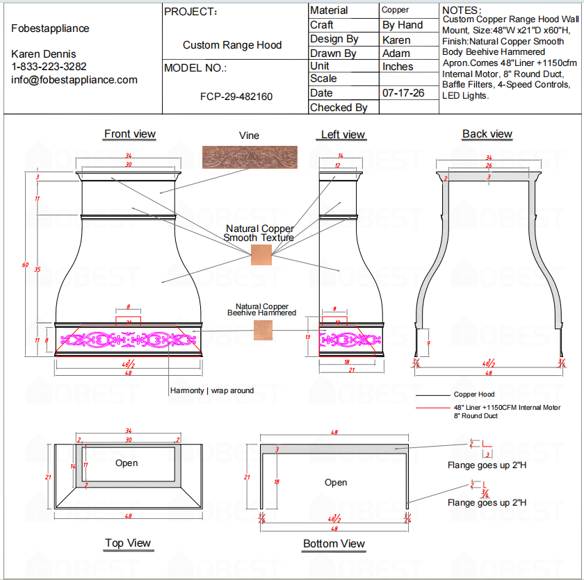 Fobest Custom Range Hood-FCP-29 Copper Metal Range Hood Custom Link for Laurie