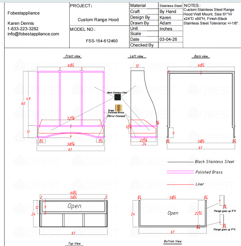 Fobest Custom Range Hood-FSS-154 Custom Link for Yuliya