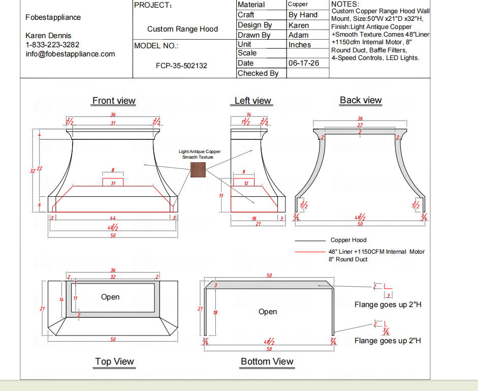 Fobest Custom Range Hood-Fobest Custom Copper Metal Range Hood FCP-35 Custom Link for Graig