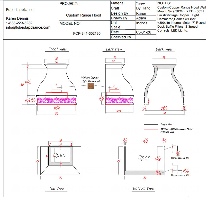 Fobest Custom Range Hood-FCP-341 Custom Link for Deb