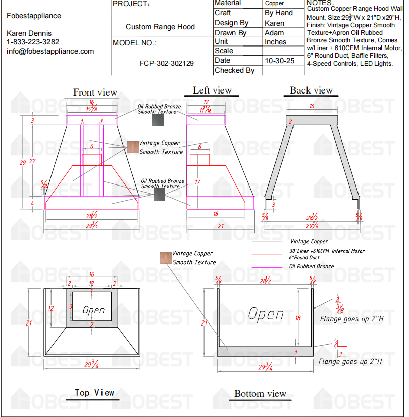 Fobest Custom Metal Range Hood FCP-302-50% Deposit Custom Link for Richard