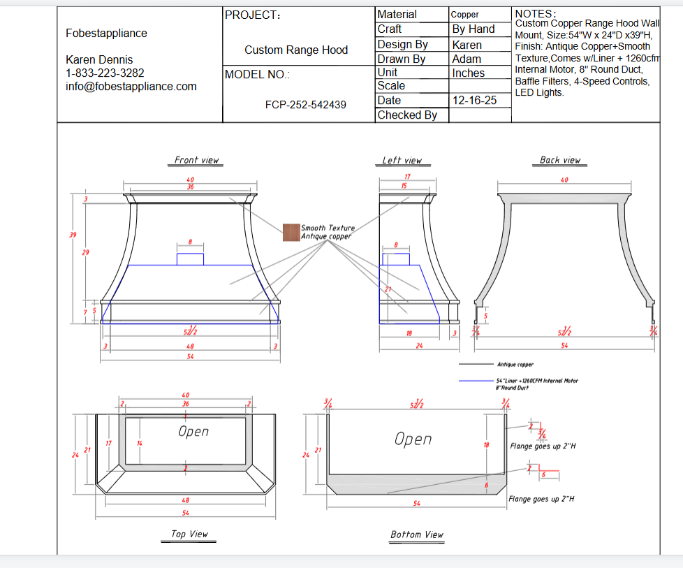 Fobest Custom Range Hood- Hood Model FCP-252 Custom Link for Oliver Tobias