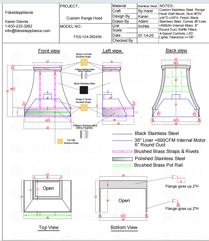 Fobest Custom Range Hood-FSS-124 Stainless Steel Metal Range Hood Custom Link for Elaine