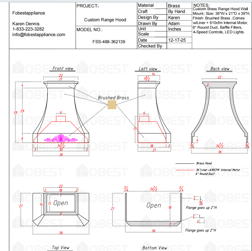 Fobest Custom Metal Range Hood FSS-488 Custom Link for Julie