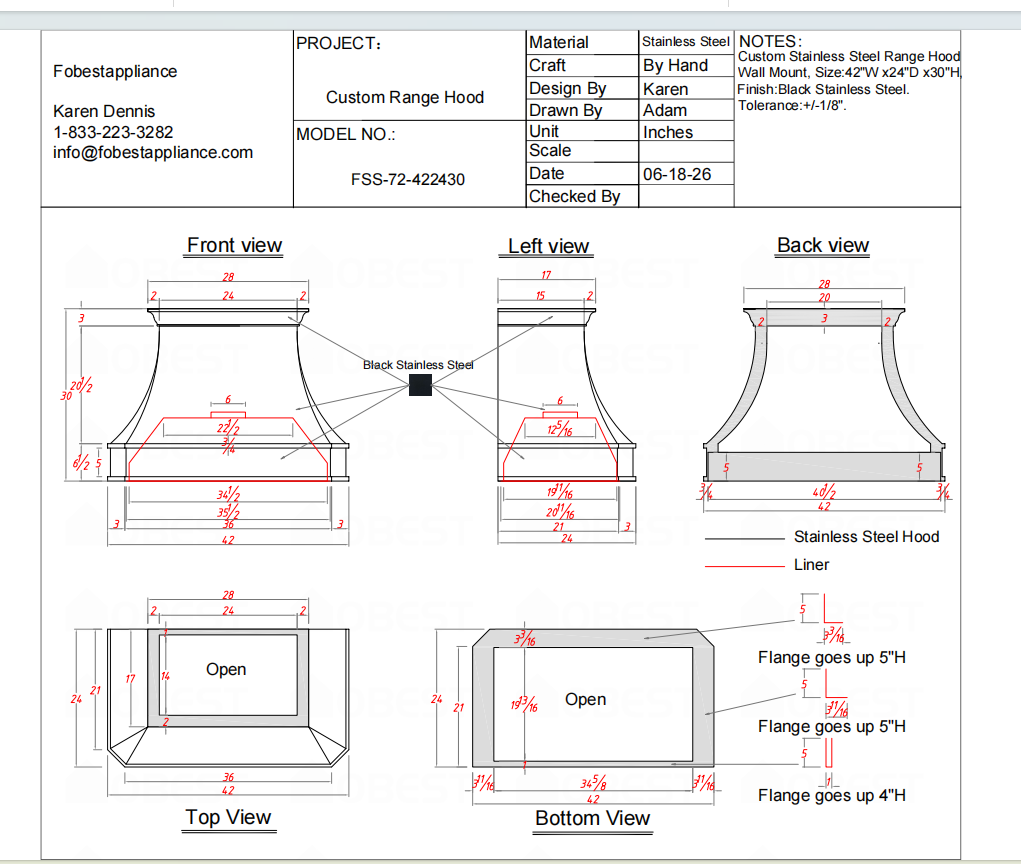 Fobest Custom Range Hood-FSS-72 Stainless Steel Metal Range Hood Custom Link for Susan