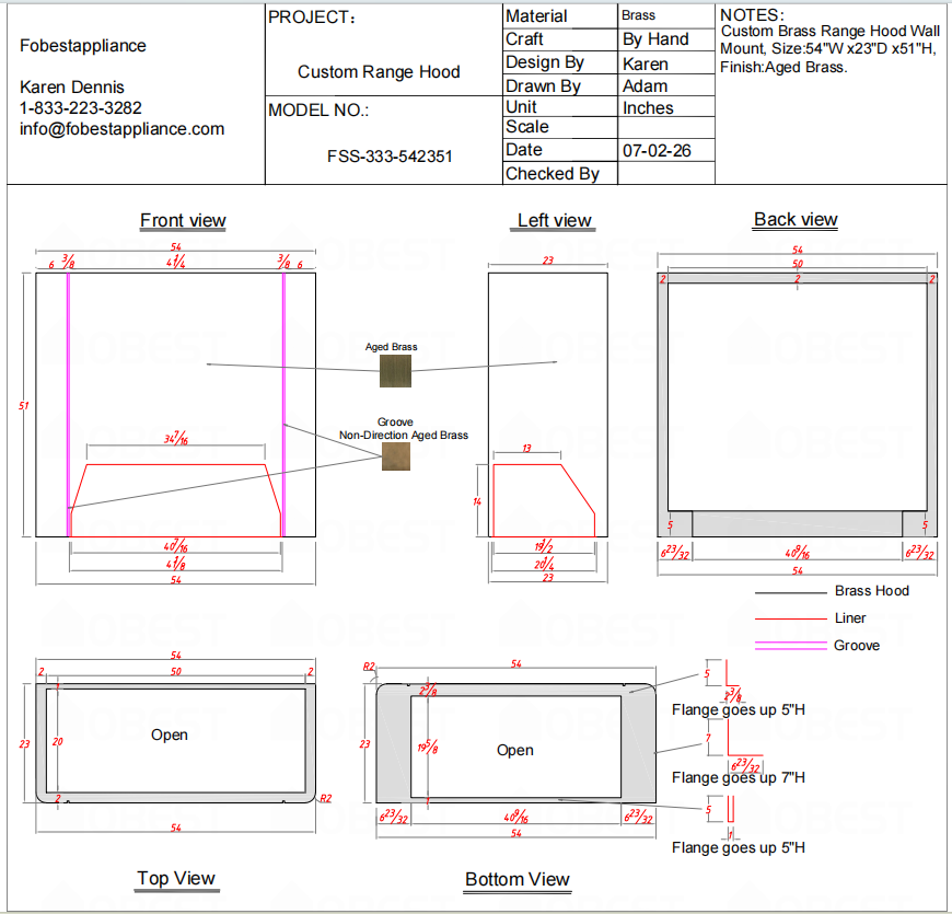 Fobest Custom Range Hood-FSS-333 Brass Metal Range Hood Custom Link for Caralee