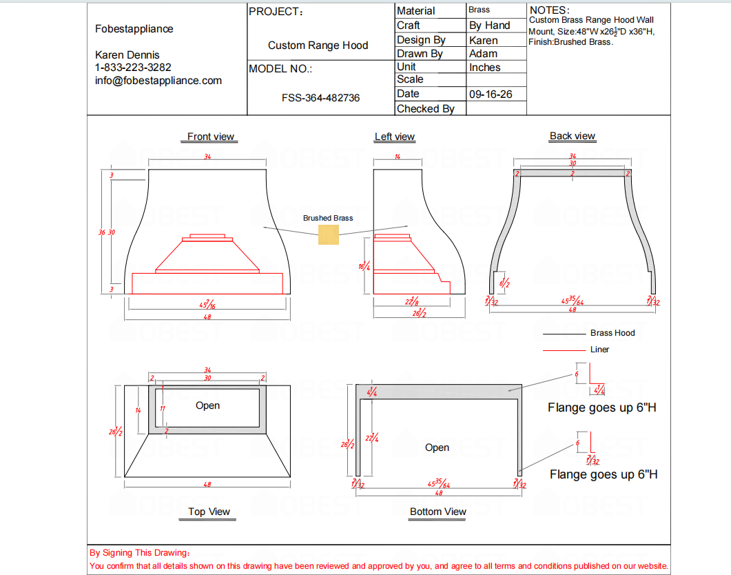 Fobest Custom Range Hood-FSS-364 Brass Metal Range Hood Custom Link for Phil