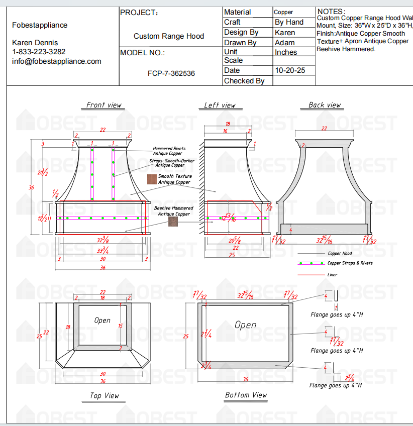 Fobest Custom Metal Range Hood FCP-7 - Custom Link for Jeff Day