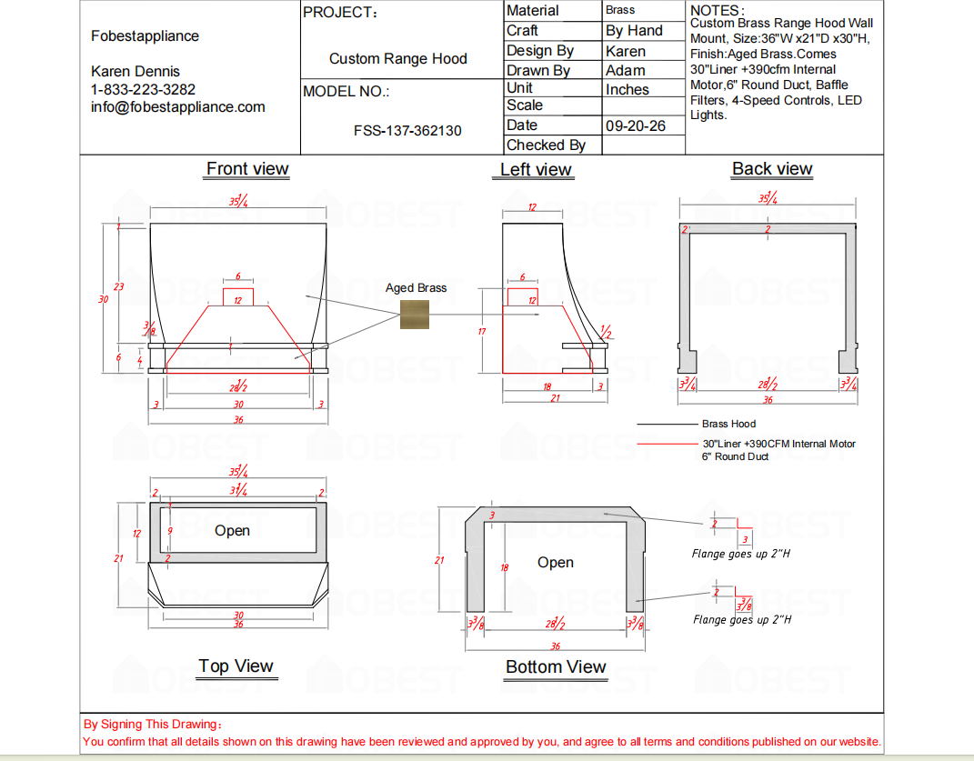 Fobest Custom Range Hood-FSS-137-Brass Metal Range Hood Custom Link for Lauren