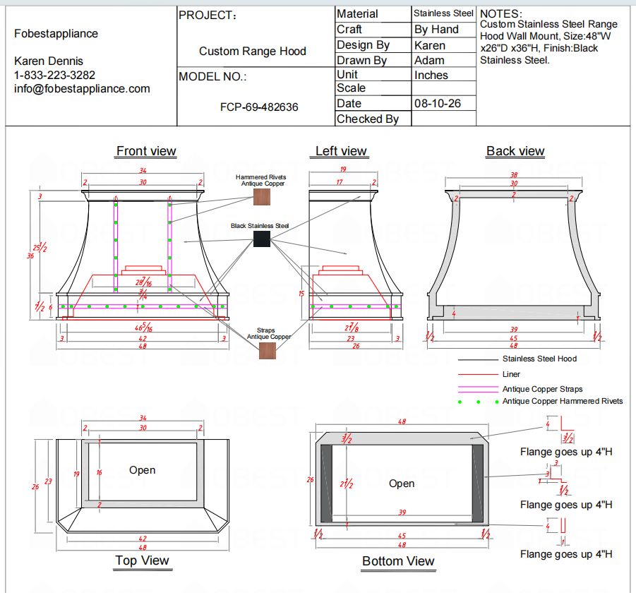 Fobest Custom Range Hood-FCP-69 Stainless Steel Range Hood  Metal Range Hood Custom Link
