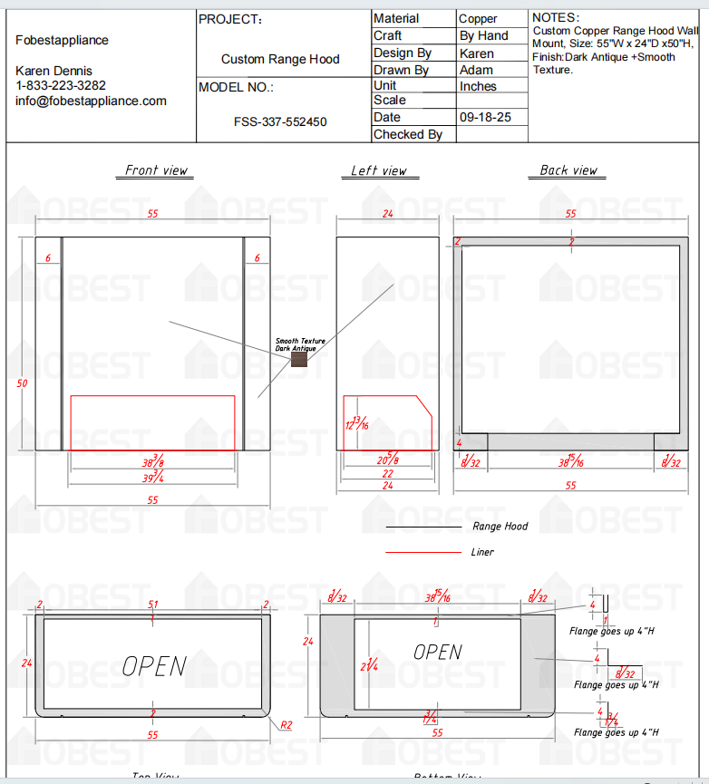 Fobest Custom Metal Range Hood FSS-337 - Custom Link for Lisa