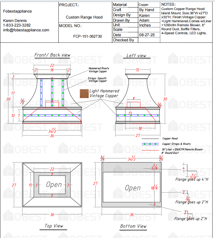 Fobest Custom Kitchen Range Hood - Custom Link for Emily 