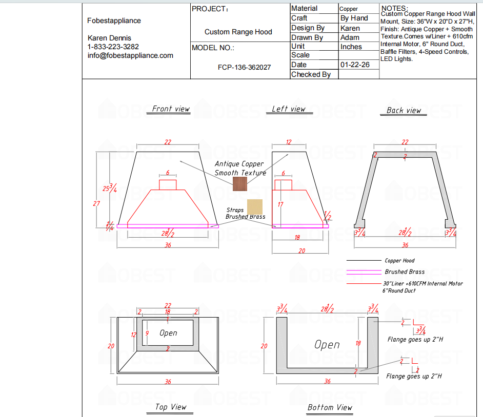 FOBEST Custom Range Hood FCP-136 Custom Link for Morgan Bridges
