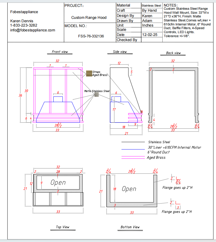 Fobest Custom Metal Range Hood FSS-76 Custom Link for Hayley