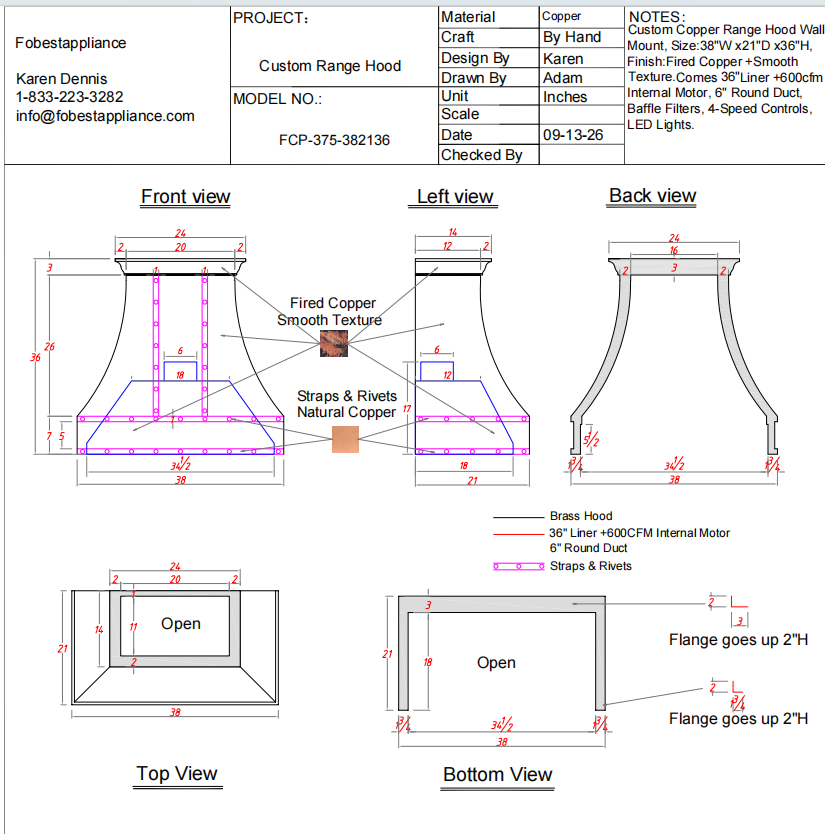 Fobest Custom Range Hood-FA2825 Copper Metal Range Hood Price Difference Custom Link for Jay