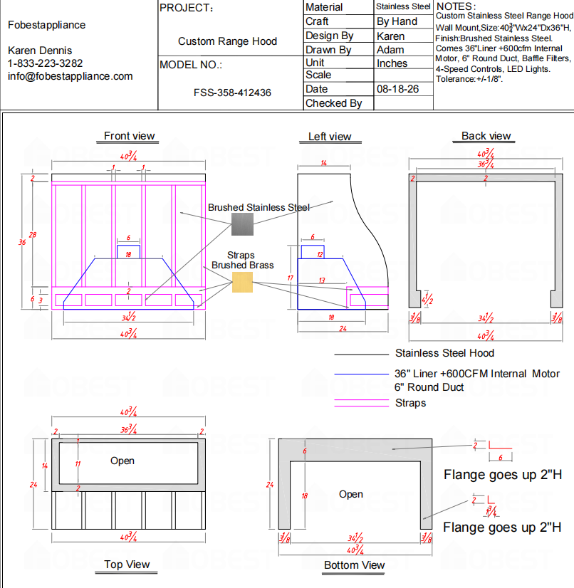 Fobest Custom Range Hood-FSS-358 Stainless Steel Range Hood  Metal Range Hood Custom Link for Robert