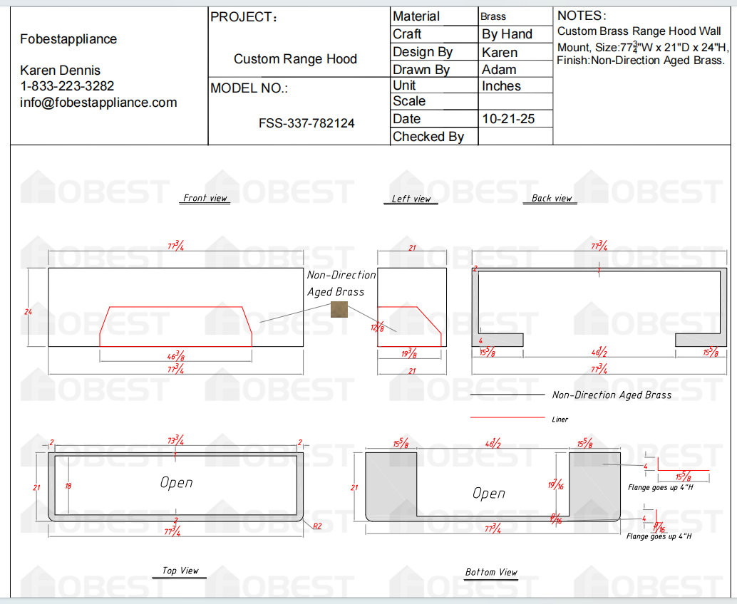 Fobest Custom Metal Range Hood FSS-337 - Custom Link for Nishtha