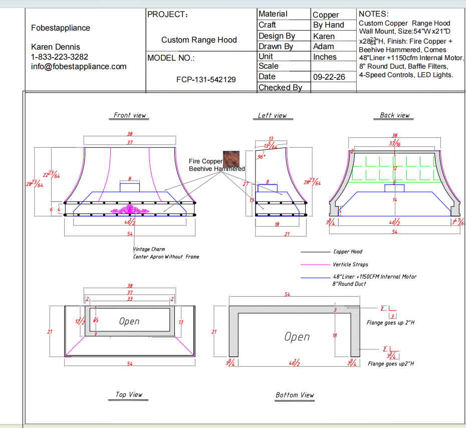 Fobest Custom Range Hood-FCP-131 Copper Metal Range Hood Custom Link for Loralee