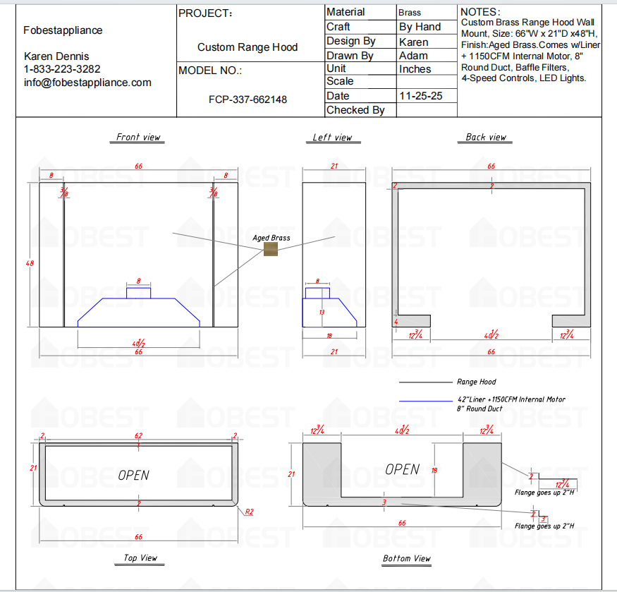 Fobest Custom Metal Range Hood FSS-337 Custom Link for Tabitha Gurley