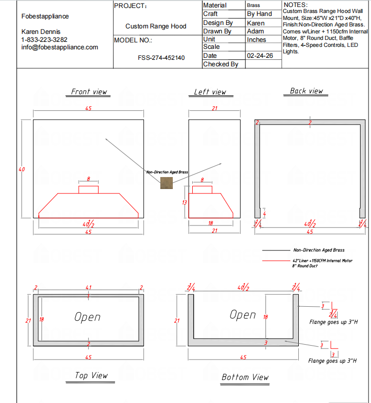Fobest Custom Range Hood FSS-274 Custom Link for Chloe