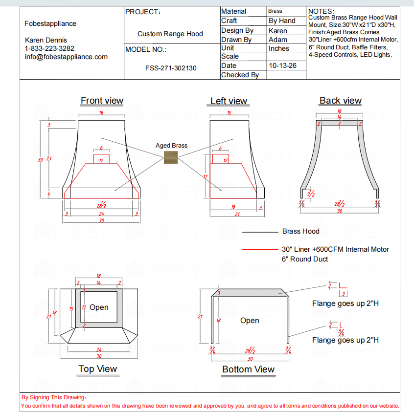 Fobest Custom Range Hood-FSS-271 Brass Metal Range Hood Custom Link for Lauren
