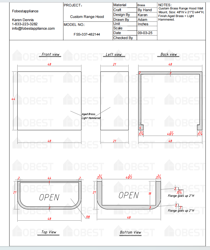 Fobest Custom Kitchen Range Hood - Custom Link for Kathryn