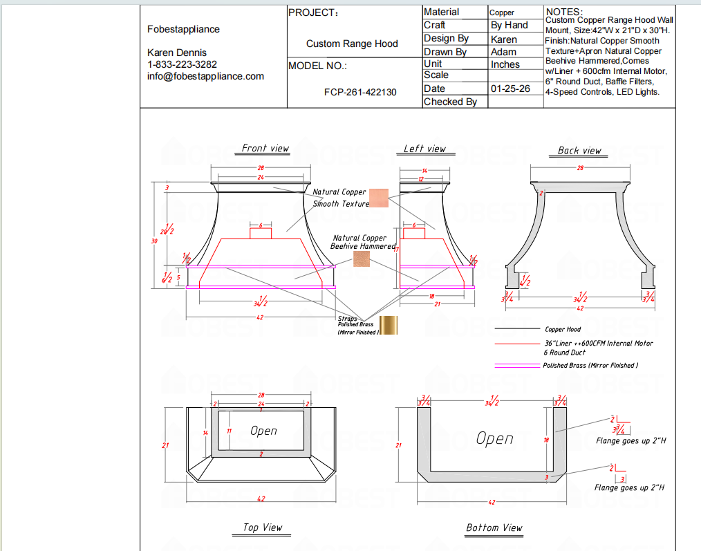 FOBEST Custom Range Hood FCP-261 Custom Link for Keenan