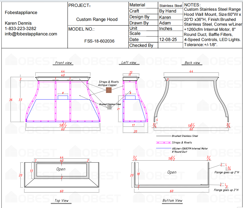 Fobest Custom Metal Range Hood FSS-18 Custom Link for Cherry Bull