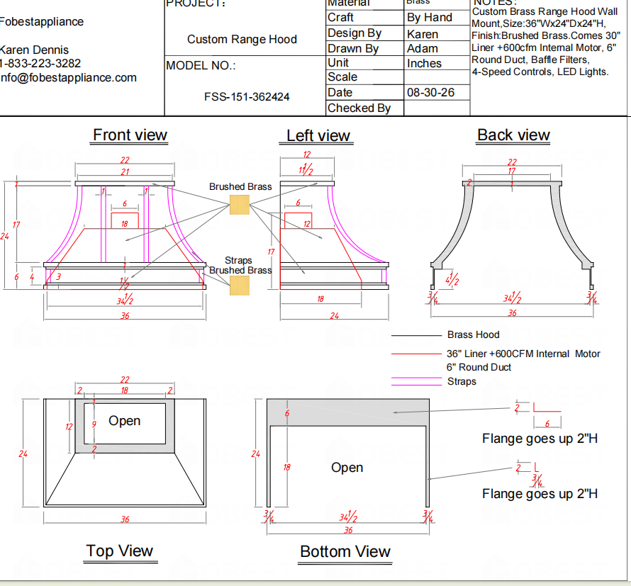 Fobest Custom Range Hood-FSS-151 Brass Metal Range Hood  Custom Link for Neysa
