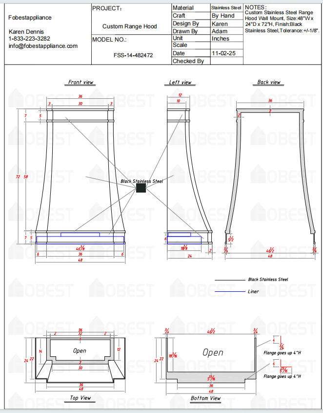 Fobest Custom Metal Range Hood FSS-14 Custom Link for Teresa Maddison