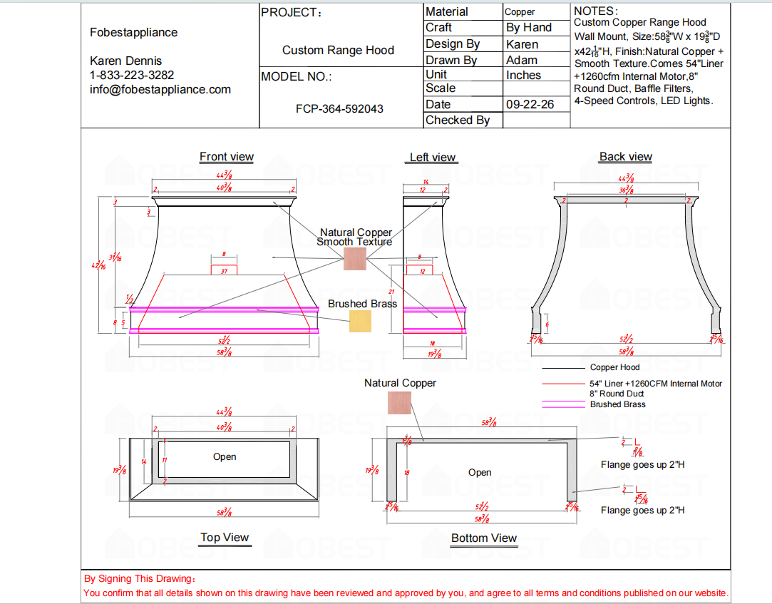 Fobest Custom Range Hood-FCP-364 Copper Metal Range Hood Custom Link for Anna