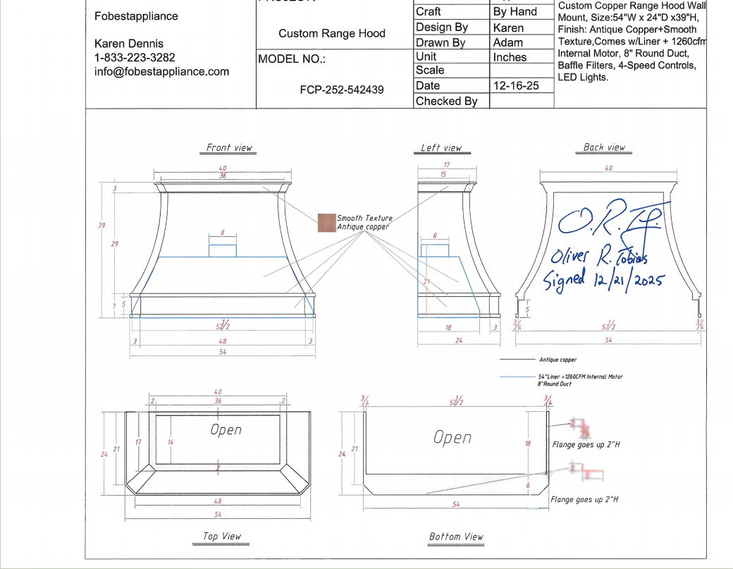 Fobest Custom Range Hood- Hood Model FCP-252 Custom Link for Oliver Tobias