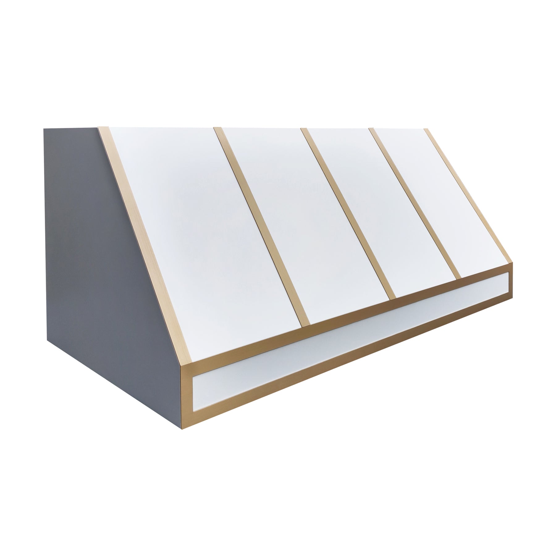 FOBEST Custom Tapered White Range Hood with Brushed Brass Straps FSS-602