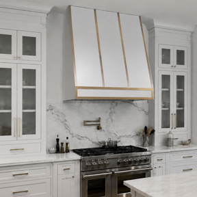 FOBEST Custom Tapered White Range Hood with Brushed Brass Straps FSS-602