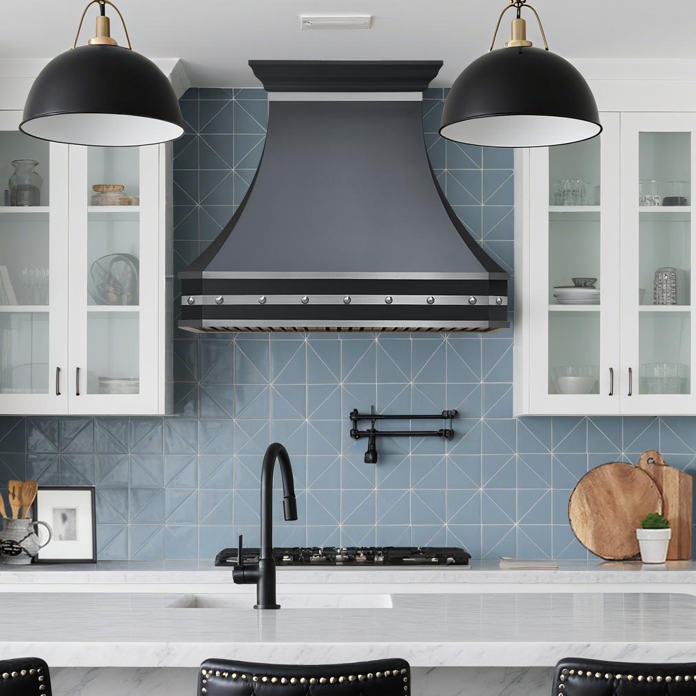 Fobest Black Range Hood with Brushed Steel Rivet Trim FSS-385-Stainless Steel Range Hood-Fobest