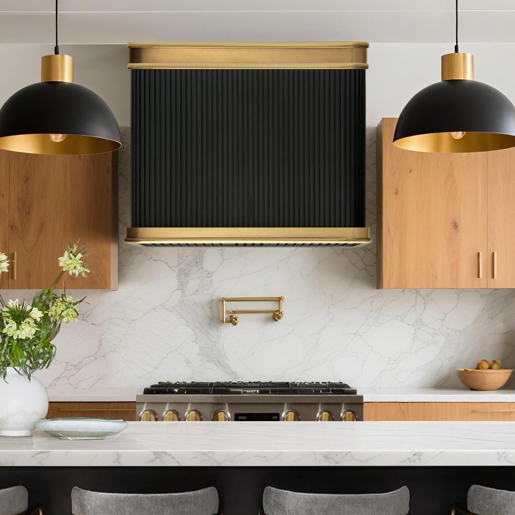 Fobest Black Stainless Steel Range Hood with Fluted Texture and Brass Trim FSS-396-Stainless Steel Range Hood-Fobest