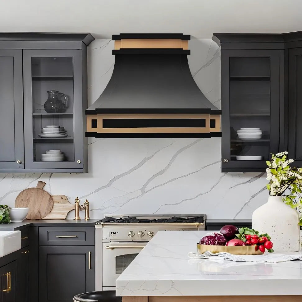 Fobest Black Stove Hood with Brushed Brass Trim FSS-407-Stainless Steel Range Hood-Fobest