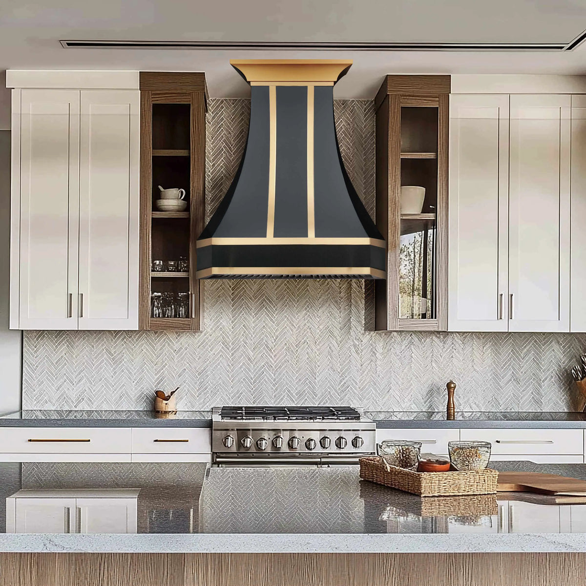 Fobest Black Vent Hood with Brass Trim and Pot Rail FSS-200-Stainless Steel Range Hood-Fobest