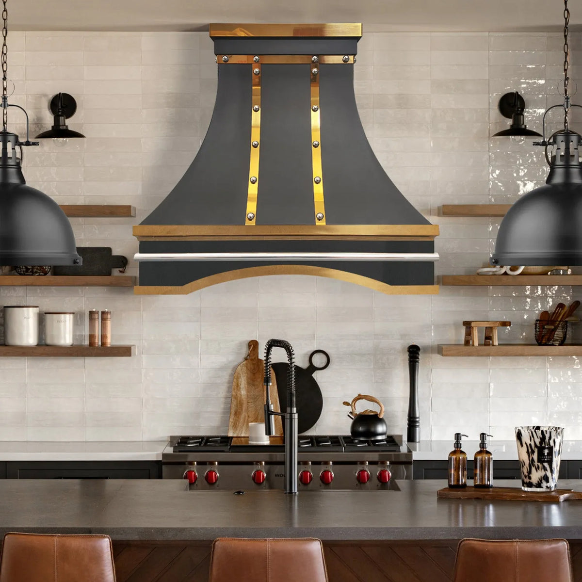 Fobest Black Vent Hood with Polished Brass Straps and Pot Rail FSS-416-Stainless Steel Range Hood-Fobest