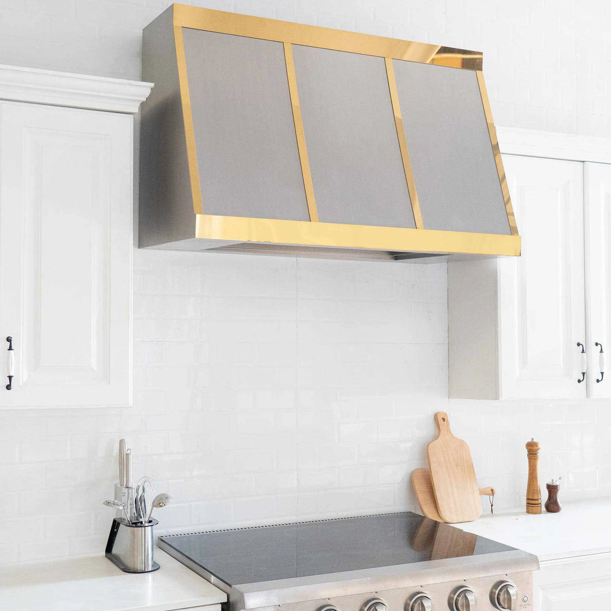 Fobest Box-Style Stainless Steel Range Hood with Brushed Brass Framing FSS-125-Stainless Steel Range Hood-Fobest
