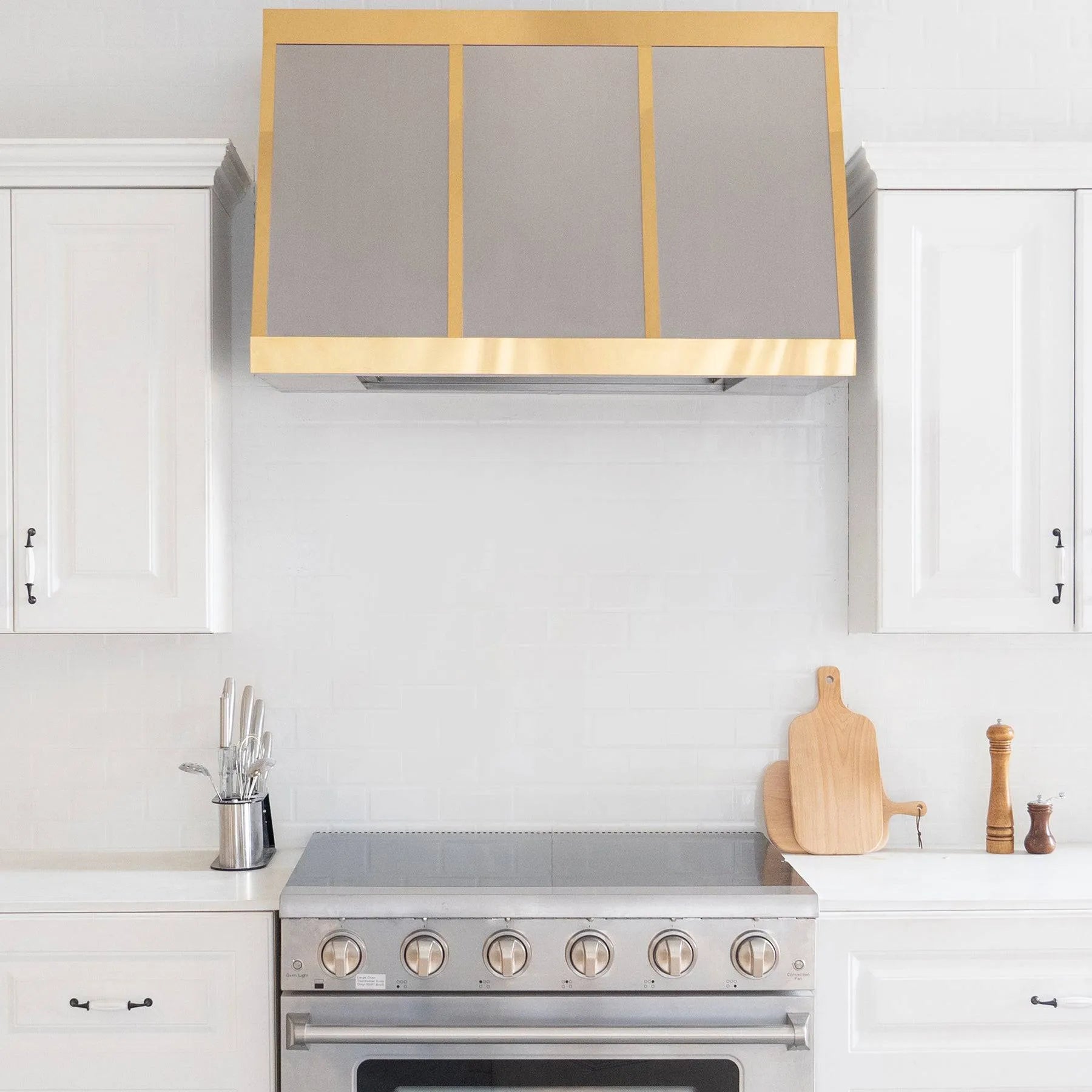 Fobest Box-Style Stainless Steel Range Hood with Brushed Brass Framing FSS-125-Stainless Steel Range Hood-Fobest