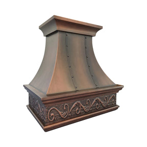 Left front view of Fobest Decorative handmade copper range hood with intricate designs