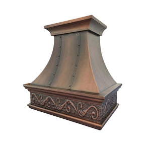 Right Front View of  Decorative handmade copper range hood with intricate designs