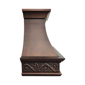 Left View of Decorative handmade copper range hood with intricate designs