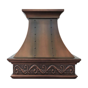 Decorative handmade copper range hood with intricate designs